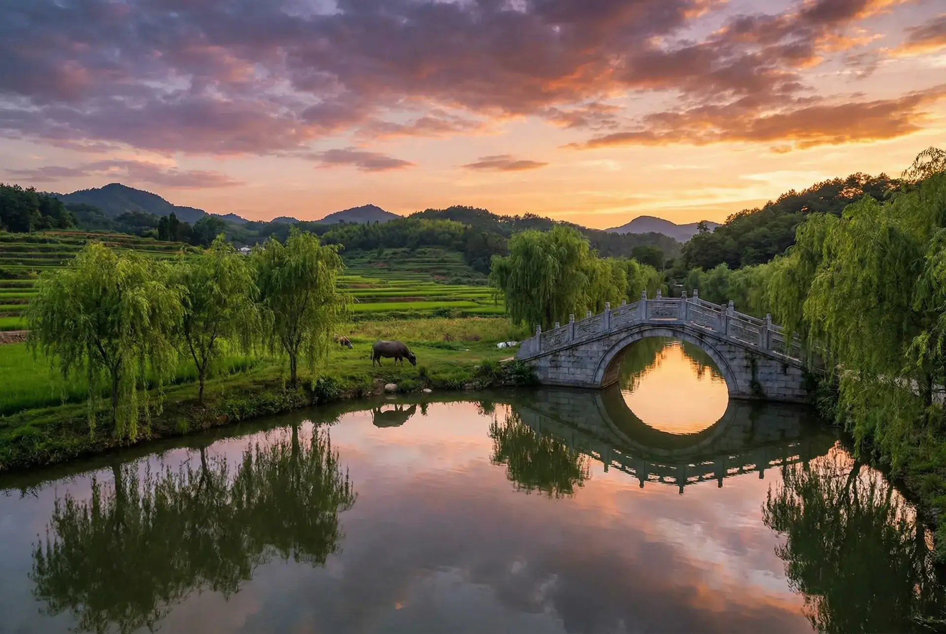 夕阳下的石拱桥与垂柳，水牛在河边吃草 - 年轻的嫂子未删减18 乡村美景